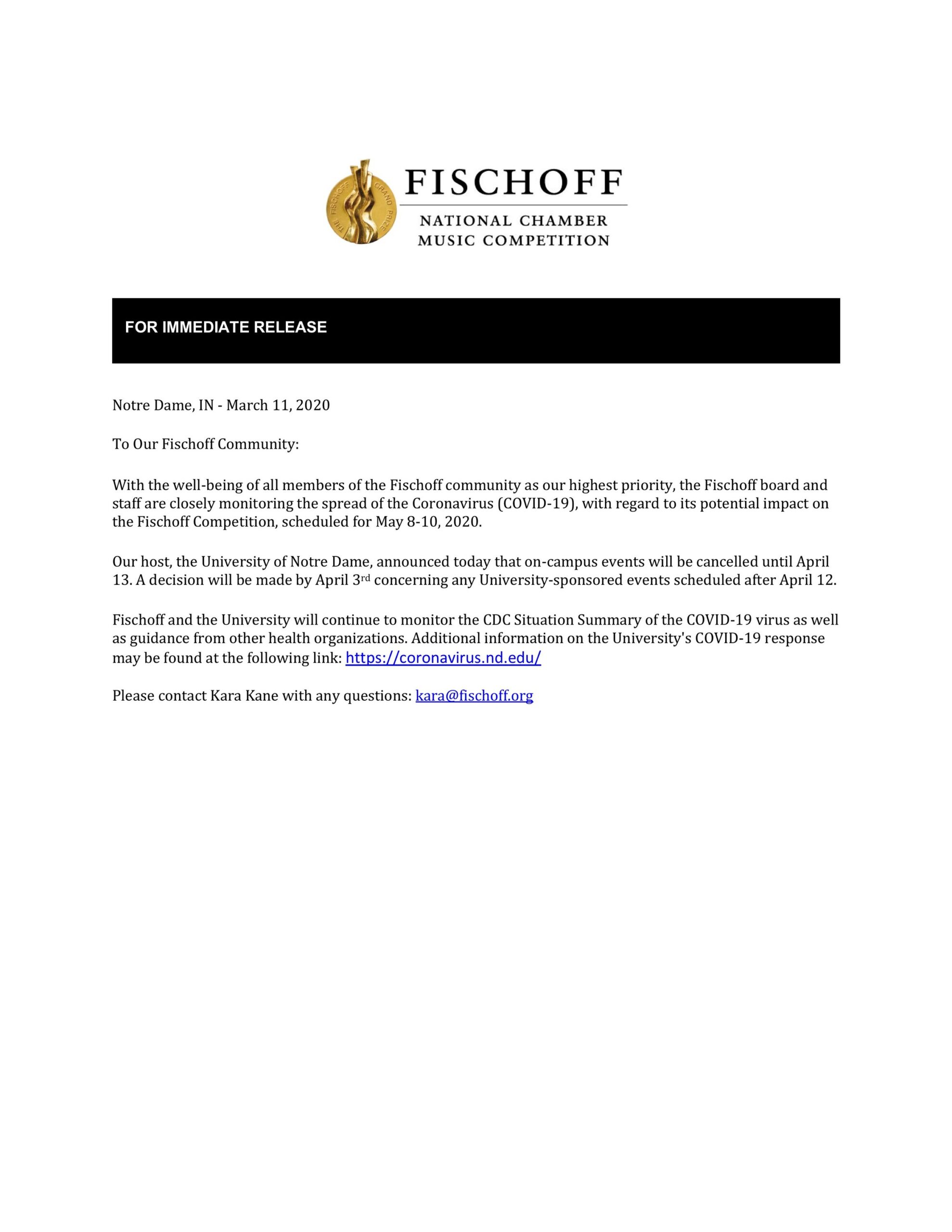 FOR IMMEDIATE RELEASE- COVID-19 Update (2020-03-11)